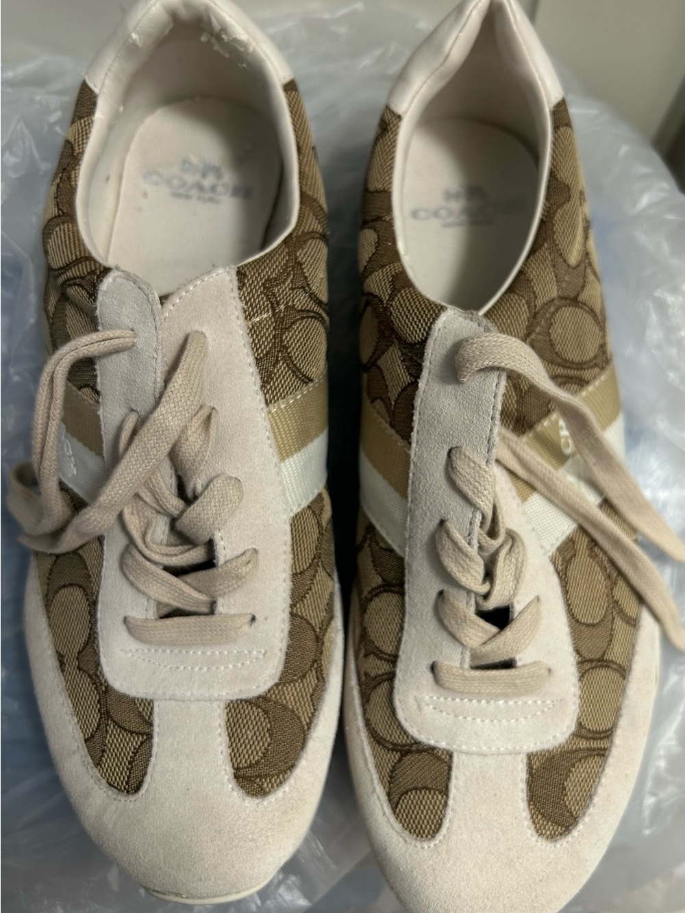 Coach LadiesTan Signature Canvas Sneakers with Cream Suede